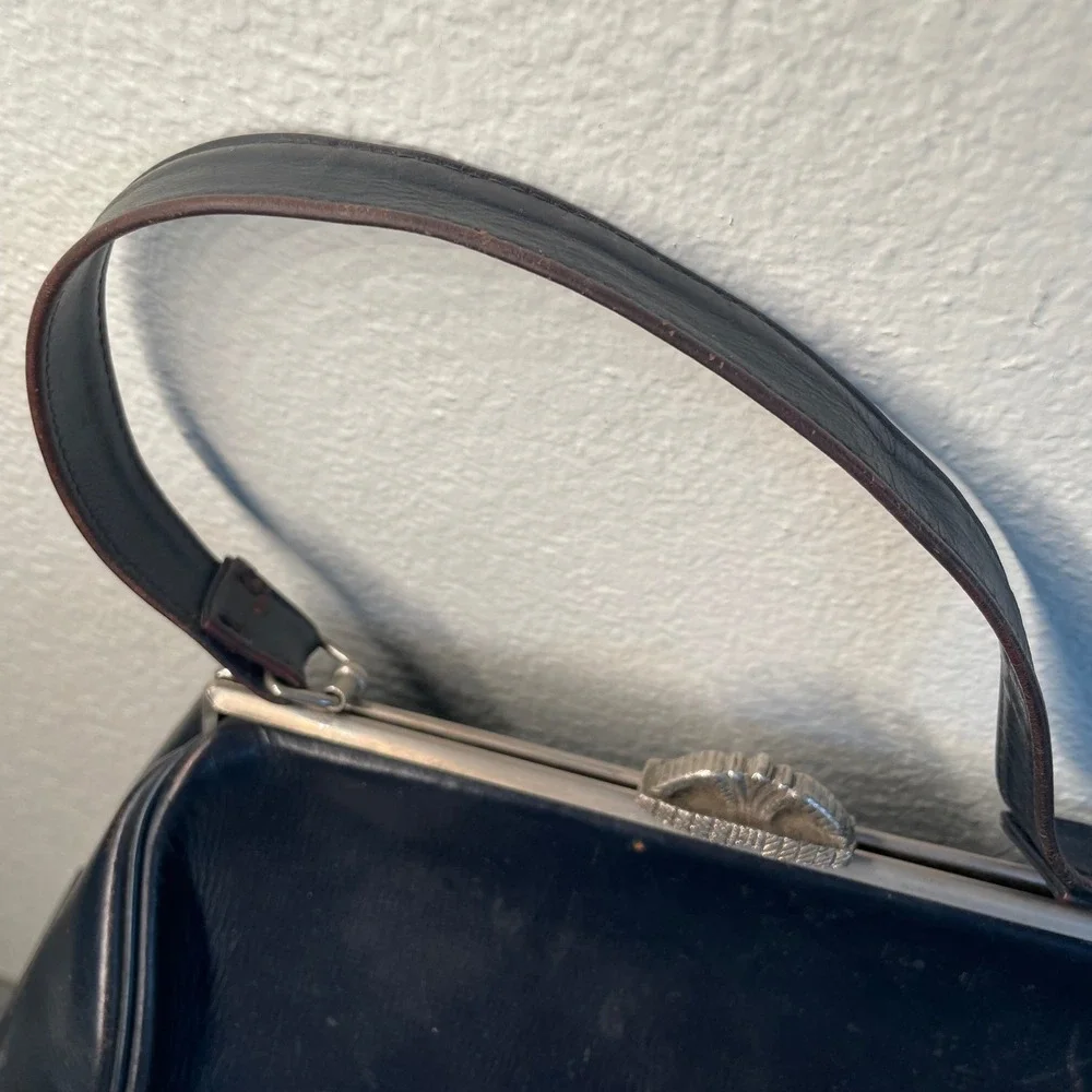 Vintage Granny Frame Handbag Purse Blue Leather Silver tone Ornate Clasp Bag